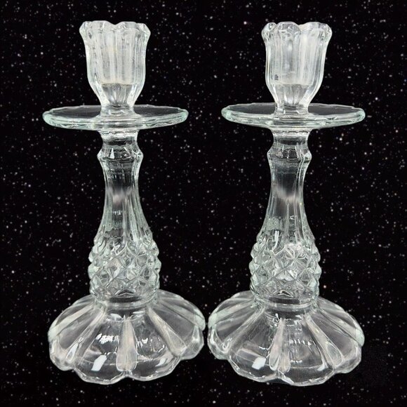 Antique Clear Glass Candle Stick Holder Set 2 Tapper Glass Manganese 365nm GREEN - Picture 11 of 12